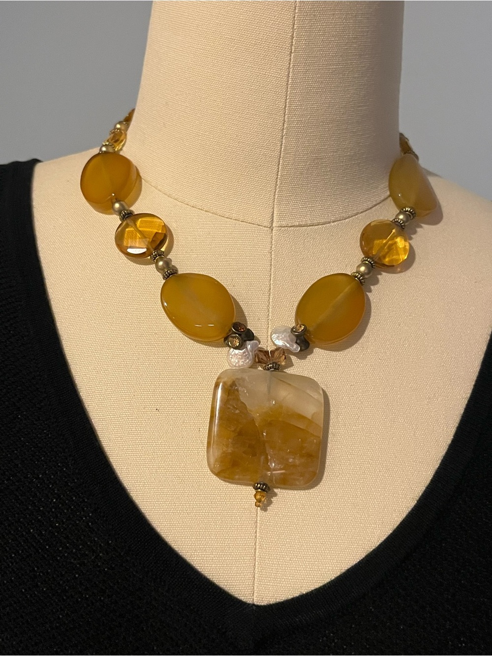 Handcrafted Honey Colored Quartz, Glass Bead, Faux Pearl and Metal Bead Necklace